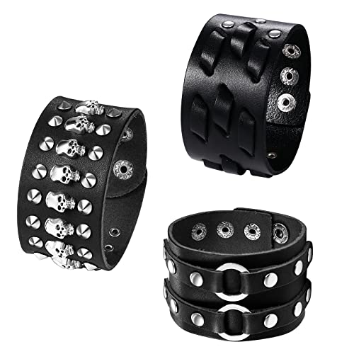 JewelryWe Schmuck 3pcs Leder Armband Herren Punk Rock Gothic Breit Manschette Lederarmband mit Totenkopf Schädel Ring Nieten Geflochten Verstellbar Armreif Geschenke für Männer Schwarz von JewelryWe