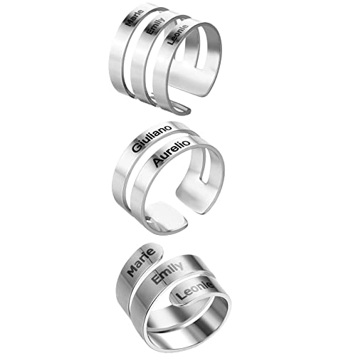 JewelryWe Schmuck 3pcs Personalisiert Ring Herren Damen mit Namen Gravur Namensring Edelstahl Breit Offener Twist Ring verstellbar Bandring Fingerring Silber von JewelryWe