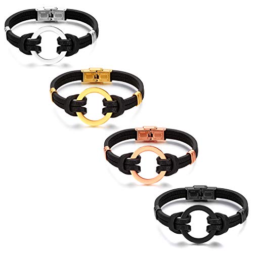 JewelryWe Schmuck 4 PCS Herren Leder Armbänder Edelstahl Rund Freundschaftsarmband Armschmuck, Silber Gold Rosegold Schwarz von JewelryWe