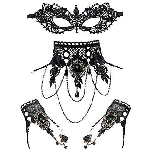 JewelryWe Schmuck 4 PCS Maske Halskette Armbänder Set Schwarz Sexy Venezianische Spitze Augenmaske Choker Kette Halsband Armreifen Damen Maskerade Kostüm für Halloween Karneval Party Cosplay von JewelryWe