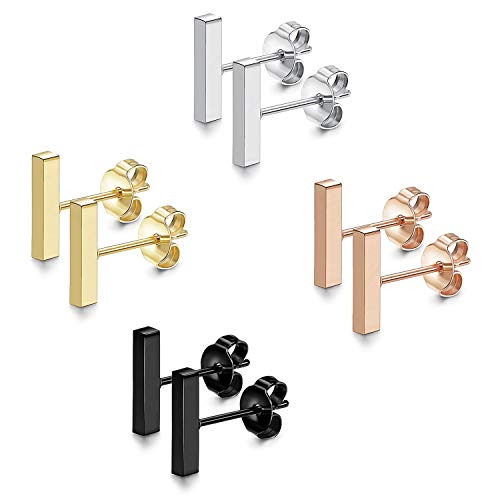 JewelryWe Schmuck 4 Paar 10MM Ohrstecker Set Edelstahl Mini Quader Stock Bar Stäbchen Ohrringe Ohr-Piercings für Herren Damen Silber Gold Schwarz Rosegold von JewelryWe