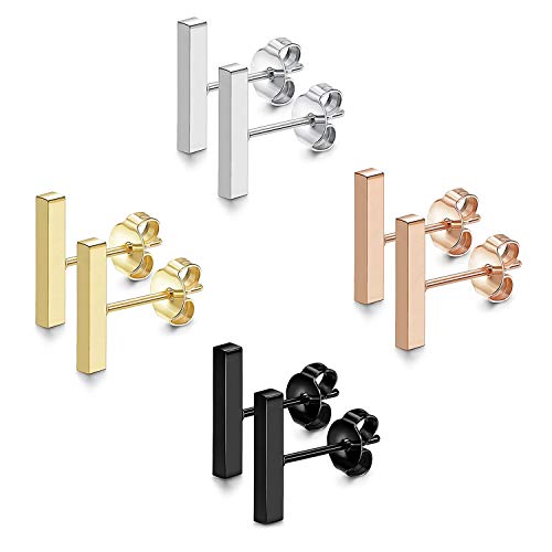 JewelryWe Schmuck 4 Paar 12MM Ohrstecker Set Edelstahl Mini Quader Stock Bar Stäbchen Ohrringe Ohr-Piercings für Herren Damen Silber Gold Schwarz Rosegold von JewelryWe