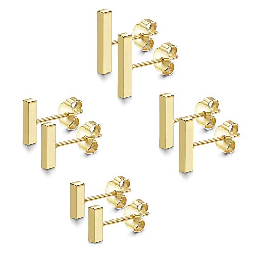 JewelryWe Schmuck 4 Paar 6-12MM Ohrstecker Set Edelstahl Mini Quader Stock Bar Stäbchen Ohrringe Ohr-Piercings für Herren Damen Gold von JewelryWe