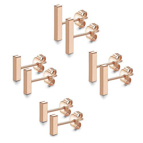 JewelryWe Schmuck 4 Paar 6-12MM Ohrstecker Set Edelstahl Mini Quader Bar Ohrringe Ohr-Piercings für Herren Damen Rosegold von JewelryWe