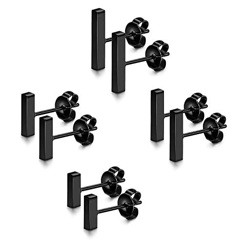 JewelryWe Schmuck 4 Paar 6-12MM Ohrstecker Set Edelstahl Mini Quader Bar Ohrringe Ohr-Piercings für Herren Damen Schwarz von JewelryWe