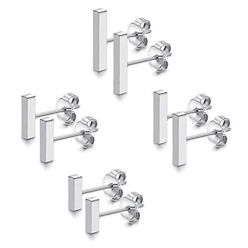 JewelryWe Schmuck 4 Paar 6-12MM Ohrstecker Set Edelstahl Mini Quader Stock Bar Stäbchen Ohrringe Ohr-Piercings Ohrschmuck für Herren Damen Silber von JewelryWe