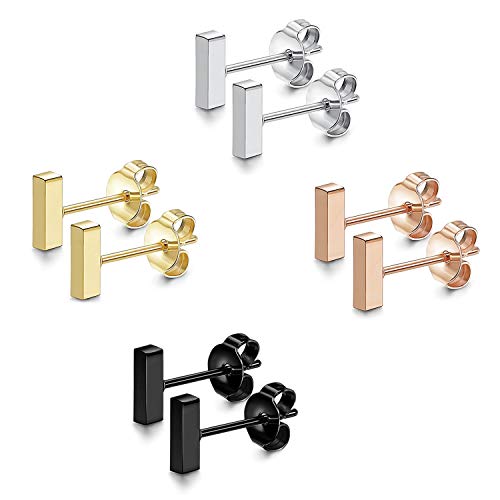 JewelryWe Schmuck 4 Paar 6MM Ohrstecker Set Edelstahl Mini Quader Stock Bar Stäbchen Ohrringe Ohr-Piercings für Herren Damen Silber Gold Schwarz Rosegold von JewelryWe