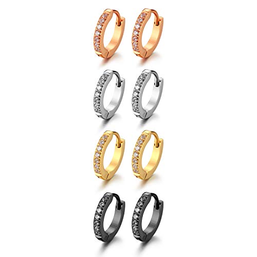JewelryWe Schmuck 4 Paar Creolen Edelstahl Zirkonia Kreolen Klappcreolen Huggie Ohrringe für Damen Herren 13MM, Schwarz Gold Rosegold Silber von JewelryWe