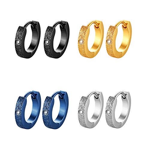 JewelryWe Schmuck 4 Paar Creolen Ohrringe Edelstahl Zirkonia Sandgestrahlt Huggie Hoop Klappcreolen Ohrschmuck Ohrstecker für Herren Damen, Schwarz Gold Silber Blau von JewelryWe