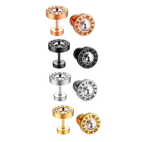 JewelryWe Römische Ziffern Ohrstecker mit Zirkonia: 4 Paar Set Edelstahl Römische Zahlen Glitzern Gestüt Ohrringe Unisex Strass Ohrringe Fake Plugs Ohr Cheater Tunnel Piercing Schmuck für Damen Herren von JewelryWe