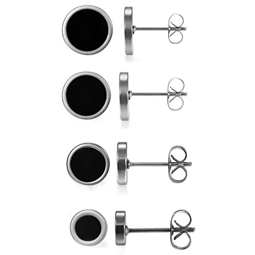 JewelryWe Schmuck 4 Paar Elegante schlicht klassische runde Ohrstecker Ohrringe Edelstahl Schwarz/Silber 6~12mm für Damen und Herren von JewelryWe