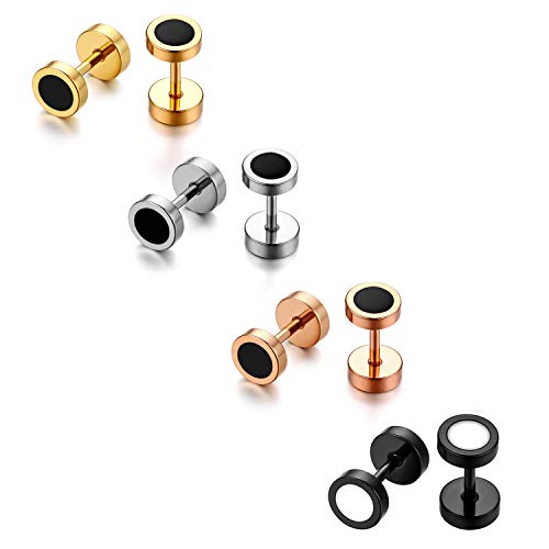 JewelryWe Schmuck 4 Paar Fakeplug Ohrstecker Edelstahl klassische runde Fake Plug Tunnel Ohrringe Ohr-Piercing für Herren Damen 6mm Silber Gold Rosegold Schwarz von JewelryWe