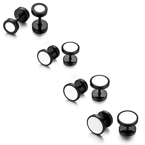 JewelryWe Schmuck 4 Paar Fakeplug Ohrstecker Set Edelstahl klassische runde Fake Plug Tunnel Ohrringe Ohr-Piercing Schwarz für Herren Damen 6mm 8mm 10mm 12mm von JewelryWe