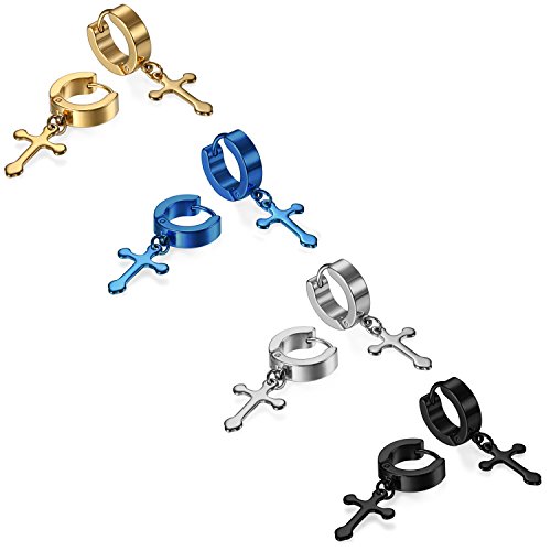 JewelryWe Schmuck 4 Paar Herren Damen Ohrringe Creolen, Edelstahl Kreuz Huggie Klappcreolen Ohrstecker Ohrhänger Silber Gold Schwarz Blau von JewelryWe