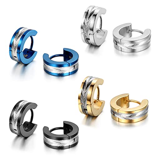 JewelryWe Schmuck 4 Paar Herren Ohrringe, Edelstahl, Glänzend Poliert Creolen Ohrstecker, Blau Schwarz Gold Silber von JewelryWe