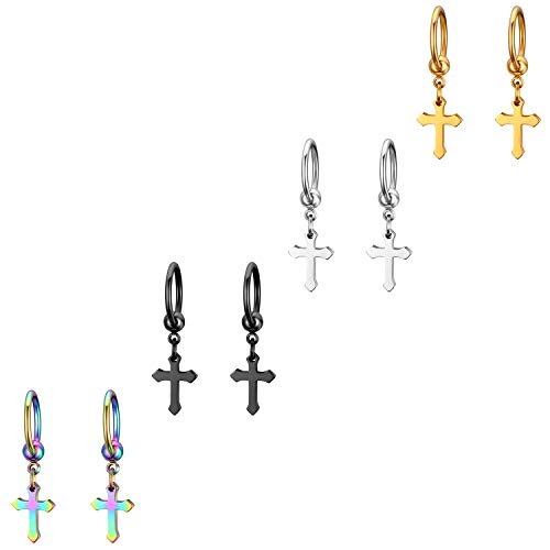 JewelryWe Schmuck 4 Paar Kreuz Ohrringe, Klassische Edelstahl Creolen Ohrstecker Ohrhänger mit Kruzifix Anhänger für Herren Damen, Silber Gold Schwarz Farbig von JewelryWe