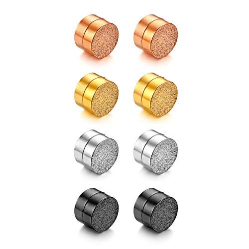 JewelryWe Schmuck 4 Paar Magnet Ohrringe Edelstahl sandgestrahlt Fake Plug Magnetisch Rund Ohrstecker Tunnel Non-Piercing Ohrclips für Herren Damen Schwarz Silber Gold Rosegold von JewelryWe