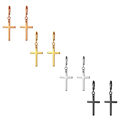 JewelryWe Schmuck 4 Paar Unisex Creolen, Edelstahl Klassisches Kreuz Ohrringe Ohrstecker Ohrhänger Ohr-Piercing für Herren Damen, Schwarz Gold Silber Rosegold von JewelryWe