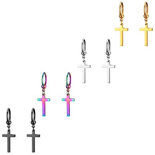 JewelryWe Schmuck 4 Paare Herren Ohrringe Kreuz, Edelstahl Poliert Kruzifix Ohrstecker Creolen Ohrhänger Geschenke für Männer Damen, Silber Gold Schwarz Farbig von JewelryWe