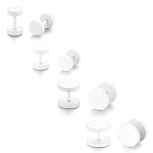 JewelryWe Schmuck 4 Paar runde Ohrstecker, 6-12mm Edelstahl Fake Piercing Ohr Plug Tunnel Ohr Cheater Ohrringe für Herren Damen, Weiß von JewelryWe