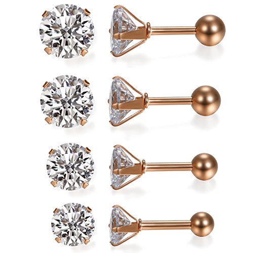 JewelryWe Knorpel Ohrstecker Damen Herren: 4 Paar Elegant Edelstahl Runde Zirkonia Tragus Ohrringe Helix Conch Ohr Piercings Knorpelpiercing für Frauen Männer Rosegold Breite 3/4/5/6mm von JewelryWe