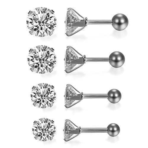 JewelryWe Schmuck 4 Paare Damen Ohrringe, Elegant Runde Zirkonia Edelstahl Ohrstecker Tragus Helix Ohr Piercing, Silber - Breite 3mm ~ 6mm von JewelryWe