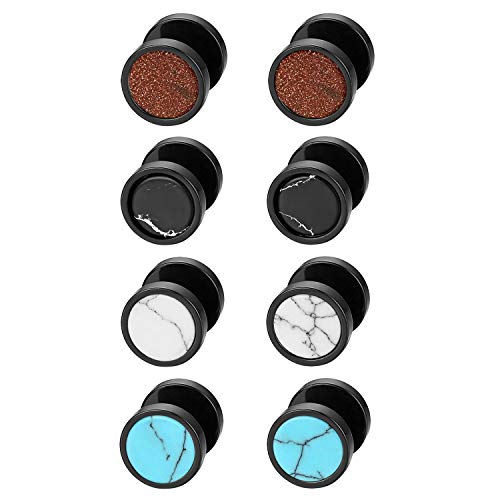 JewelryWe Schmuck 4 Paare Fake Plug Ohrstecker Edelstahl künstliche Stein sandgestahlt Rund Kreis Ohrringe Fakeplugs Ohr Cheater Tunnel Barbell Gauges Ohr-Piercings für Herren Damen von JewelryWe
