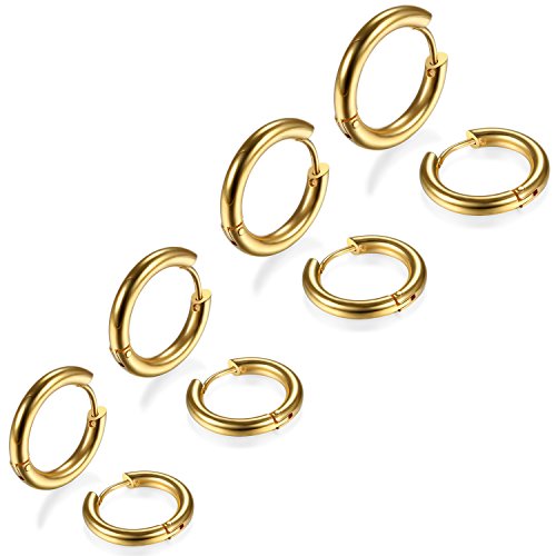 JewelryWe Schmuck 4 Paare Herren Damen Creolen Ohrringe, Edelstahl hochglanz poliert Klappcreolen Huggie Ohrstecker Ohrhänger Ohrschmuck Ohrklemmen, Gold - Durchmesser 18~24mm von JewelryWe