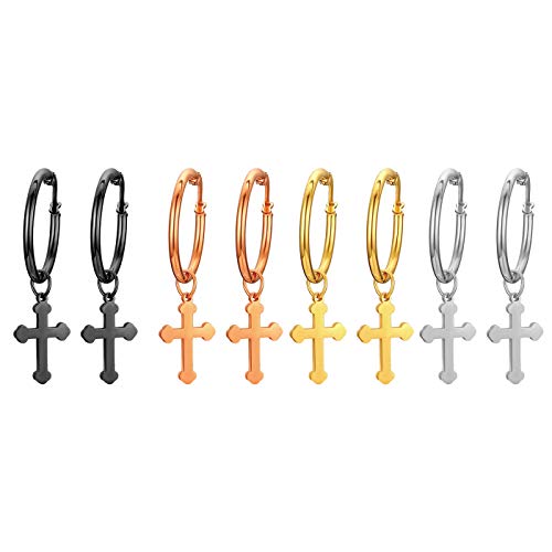 JewelryWe Schmuck 4 Paare Herren Damen Ohrringe, Poliert Kreuz Creolen Ohrstecker, Edelstahl, Silber Schwarz Gold Rosegold von JewelryWe