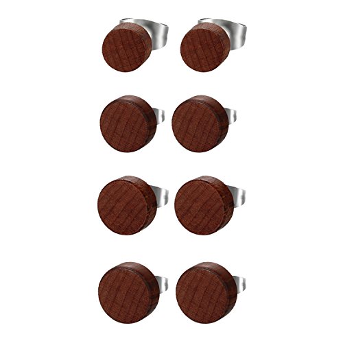 JewelryWe Schmuck 4 Paare Herren Damen Ohrstecker Set, Edelstahl Holz Runde Ohrringe Ohr Piercing Geschenk für Männer Frauen, Braun, 6mm-12mm von JewelryWe