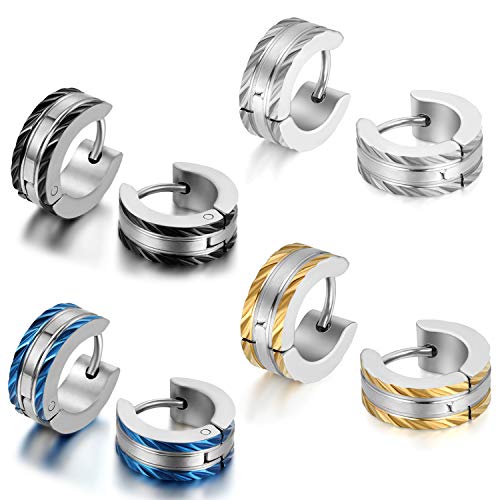 JewelryWe Schmuck 4 Paare Herren-Ohrringe, Edelstahl Creolen Gestüt Ohrstecker, Blau Schwarz Gold Silber von JewelryWe