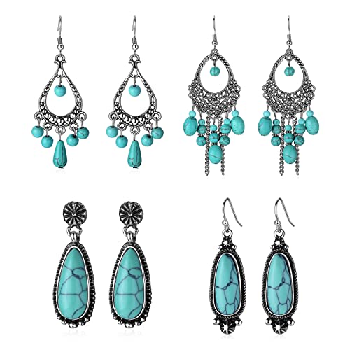 JewelryWe Schmuck 4 Paare Türkis Ohrringe Set Damen Vintage Böhmisch Tropfen Quaste Baumeln Statement Ohrringe Ohrrhänger Ohrstecker Grün Silber von JewelryWe