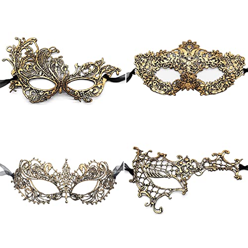 JewelryWe Schmuck 4 Stück Venezianische Maske Spitze Maskerade Maske Augenmaske Spitzenmaske Halbgesichtsmaske für Halloween Karneval Party Ball Cosplay Gold von JewelryWe