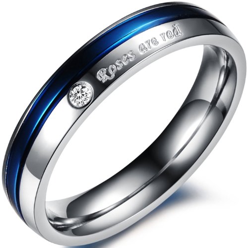 JewelryWe Schmuck 4mm Breite Edelstahl Damen-Ring, mit Roses are red Gravur, Partnerringe Hochzeit Band Blau/Silber Größe 52 von JewelryWe