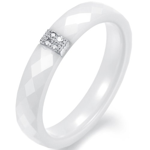 JewelryWe Schmuck 4mm Breite Weiss Keramik Mitte Sterling Silber Zirkonia Damen-Ring, Engagement Hochzeit Band, Größe 52 bis 57 von JewelryWe