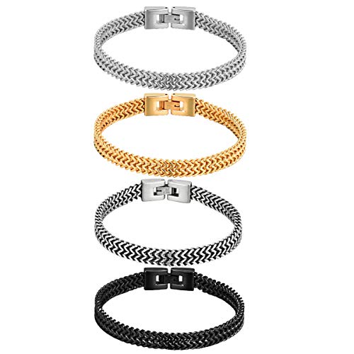 JewelryWe Schmuck 4pcs Armbänder Herren Doppelt Weizenkette Panzerkette Edelstahl Biker Armkette Armreif für Männer Gold Silber Schwarz Grau von JewelryWe