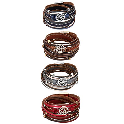 JewelryWe Schmuck 4pcs Damen Lederarmband Baum des Lebens Boho Multilayer handgemachte geflochtene Leder Armband Armreif Wickelarmband Manschette mit Magnetverschluss von JewelryWe