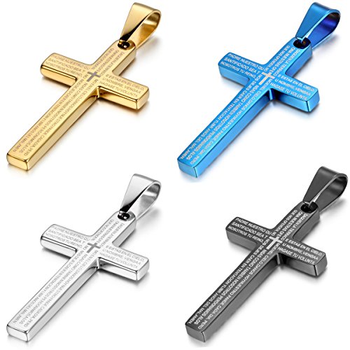 JewelryWe Schmuck 4pcs Edelstahl Bibel Gebet Kreuz Anhänger mit 55cm Kette, Halskette für Herren Damen, Gold Silber Schwarz Blau von JewelryWe