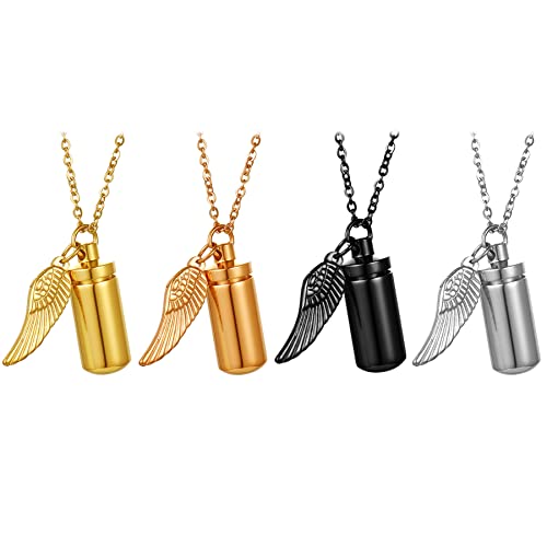 JewelryWe Schmuck 4pcs Personalisierte Halskette Set Herren Damen Edelstahl Memorial Asche Urne Zylinder Gedenkflasche Engel Flügel Anhänger Kette Gravur, Schwarz Gold Silber Rosegold von JewelryWe