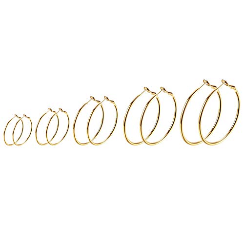 JewelryWe Schmuck 5 Paar Creolen Ohrringe Set Edelstahl Groß Rund Hängend Huggie Ohrringe Ohrhänger für Damen Mädchen, Durchmesser 30 40 50 60 70 mm, Gold von JewelryWe