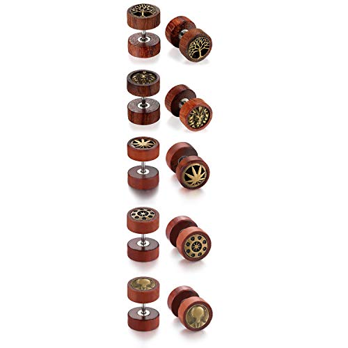 JewelryWe Schmuck 5 Paar Holz Ohrringe Set Edelstahl Fake Plug Ohrstecker Cheater Tunnel Barbell Gauges Ohr Piercing Baum des Lebens Löwe Kokosnussbaum Schwungrad Außerirdisch von JewelryWe