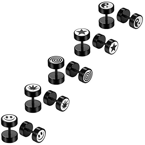 JewelryWe Schmuck 5 Paare Herren Ohrringe, Edelstahl Fakeplugs Fake Plug Tunnel Ohrstecker Ohr Piercing, Schwarz Weiß, 5 verschiedene Designs von JewelryWe