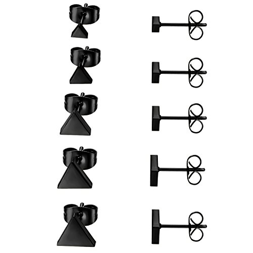 JewelryWe Schmuck 5 Paare Ohrstecker Set, Edelstahl Dreieck Triangel poliert Ohrringe Ohr-Schmuck für Damen & Herren, Schwarz, Breite 4,5,6,7,8mm von JewelryWe