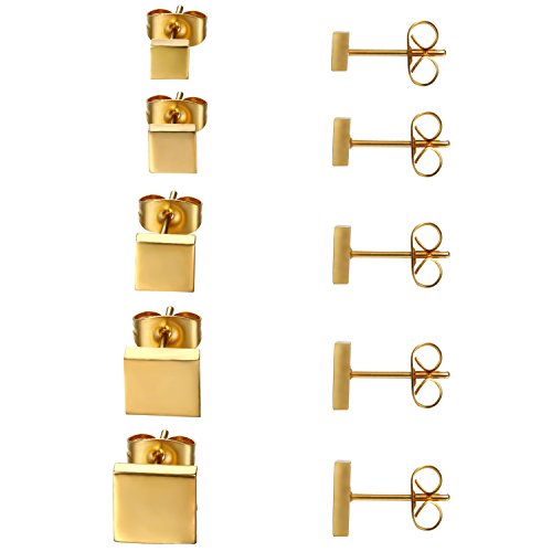 JewelryWe Schmuck 5 Paare Ohrstecker Set, Edelstahl Quadrat Viereck poliert Ohrringe Ohr-Schmuck für Damen & Herren, Gold, Breite 4,5,6,7,8mm von JewelryWe