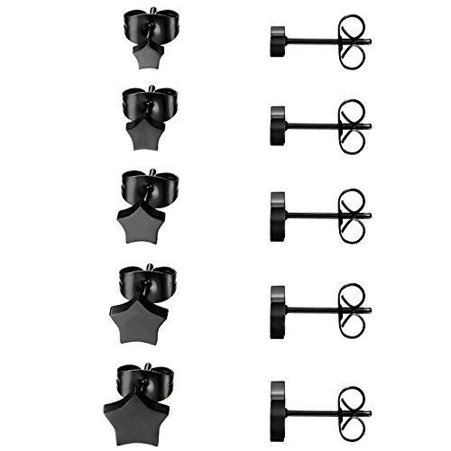 JewelryWe Schmuck 5 Paare Ohrstecker Set, Edelstahl Stern Pentagramm poliert Ohrringe Ohr-Schmuck für Damen & Herren, Schwarz, Breite 4,5,6,7,8mm von JewelryWe