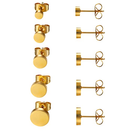 JewelryWe Schmuck 5 Paare Ohrstecker Set, Edelstahl flache runde poliert Ohrringe Ohr-Schmuck für Damen & Herren, Gold, Durchmesser 4,5,6,7,8mm von JewelryWe