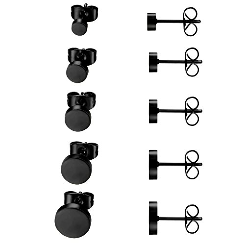 JewelryWe Schmuck 5 Paare Ohrstecker Set, Edelstahl flache runde poliert Ohrringe Ohr-Schmuck für Damen & Herren, Schwarz, Durchmesser 4,5,6,7,8mm von JewelryWe