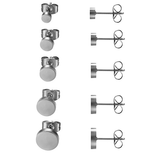 JewelryWe Schmuck 5 Paare Ohrstecker Set, Edelstahl flache runde poliert Ohrringe Ohr-Schmuck für Damen & Herren, Silber, Durchmesser 4,5,6,7,8mm von JewelryWe