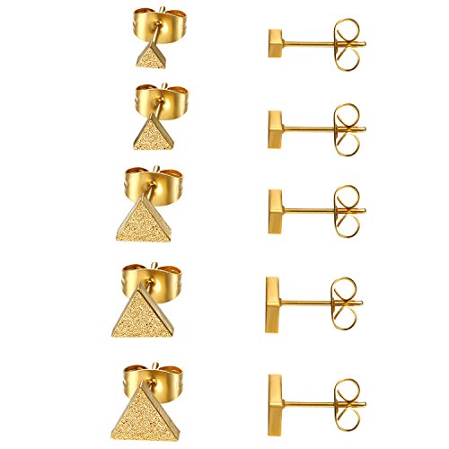 JewelryWe Schmuck 5 Paare Ohrstecker Set Dreieck gebürstet, Edelstahl Dreieckige Ohrringe mit sandgestrahlter Oberfläche für Damen & Herren, Gold, Breite 4,5,6,7,8mm von JewelryWe