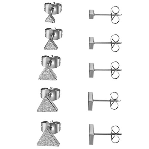 JewelryWe Dreieck Ohrstecker Damen Edelstahl: 5 Paar Kleine Ohrstecker Set gebürstet Triangel Ohrringe Ohrschmuck mit sandgestrahlter Oberfläche Geschenk für Frauen Mädchen Silber Breite 4,5,6,7,8mm von JewelryWe